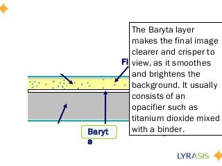 Support
Binder
Final Image Material
Baryt
a
Other Layers
The Baryta layer
makes the final image
clearer and crisper to
view, as it smoothes
and brightens the
background. It usually
consists of an
opacifier such as
titanium dioxide mixed
with a binder.
 