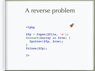 A reverse problem
<?php
$fp = fopen($file, 'w');
foreach($array as $row) {
  fputcsv($fp, $row);
}
fclose($fp);
?>
🚀
 
