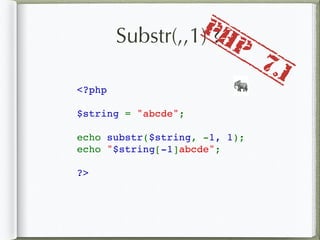 Substr(,,1) ?
<?php
$string = "abcde";
echo substr($string, -1, 1);
echo "$string[-1]abcde";
?>
🐘
PHP
7.1
 