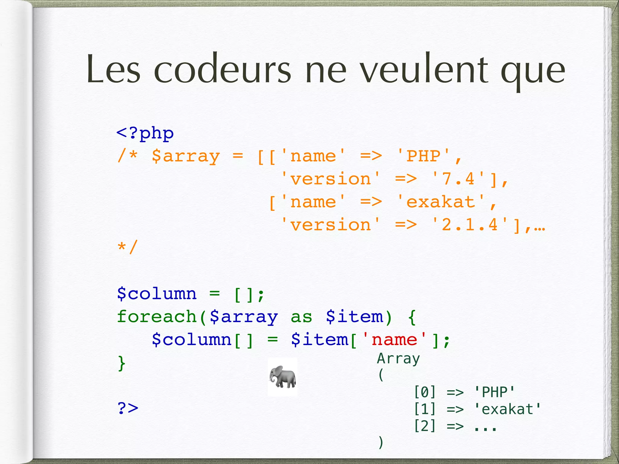 <?php
/* $array = [['name' => 'PHP', 
'version' => '7.4'],
             ['name' => 'exakat', 
'version' => '2.1.4'],…
*/
                    
$column = [];
foreach($array as $item) {
   $column[] = $item['name'];
}
?>
🐘
Les codeurs ne veulent que
Array
(
[0] => 'PHP'
[1] => 'exakat'
[2] => ...
)
 