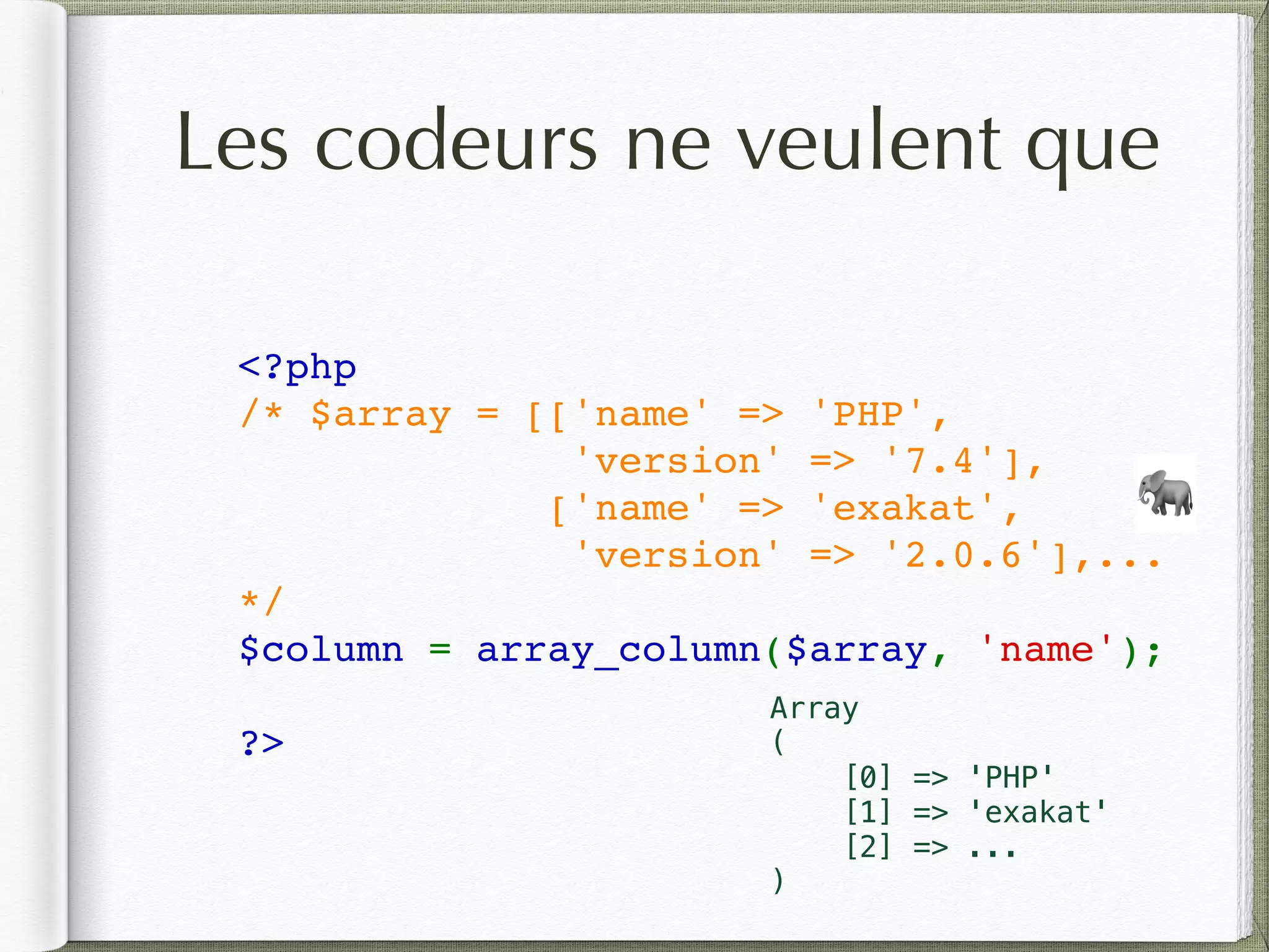 Les codeurs ne veulent que
<?php
/* $array = [['name' => 'PHP', 
'version' => '7.4'],
             ['name' => 'exakat', 
'version' => '2.0.6'],...
*/       
$column = array_column($array, 'name');
?>
🐘
Array
(
[0] => 'PHP'
[1] => 'exakat'
[2] => ...
)
 