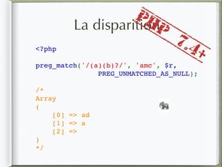 La disparition
<?php
preg_match('/(a)(b)?/', 'amc', $r,
PREG_UNMATCHED_AS_NULL);
/*
Array
(
    [0] => ad
    [1] => a
    [2] => 
)
*/
🐘
PHP
7.4+
 