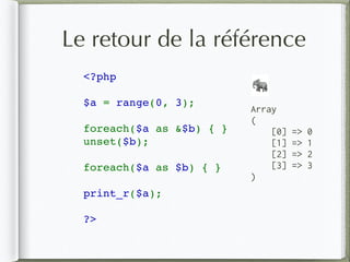 Le retour de la référence
<?php  
$a = range(0, 3); 
foreach($a as &$b) { } 
unset($b);
foreach($a as $b) { } 
print_r($a); 
?>
Array
(
[0] => 0
[1] => 1
[2] => 2
[3] => 3
)
🐘
 