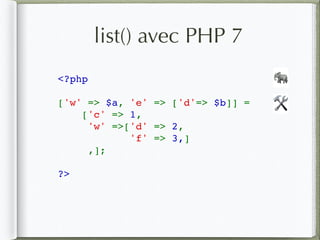 list() avec PHP 7
<?php  
['w' => $a, 'e' => ['d'=> $b]] = 
['c' => 1,  
'w' =>['d' => 2, 
'f' => 3,]
,];
?>
🛠
🐘
 