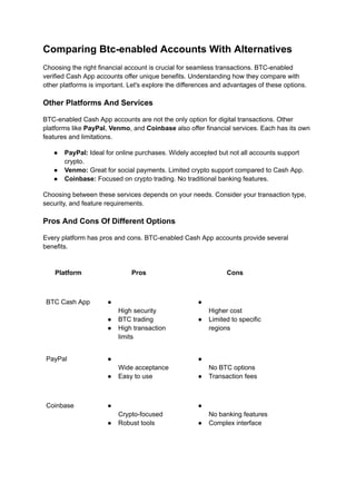 Comparing Btc-enabled Accounts With Alternatives
Choosing the right financial account is crucial for seamless transactions. BTC-enabled
verified Cash App accounts offer unique benefits. Understanding how they compare with
other platforms is important. Let's explore the differences and advantages of these options.
Other Platforms And Services
BTC-enabled Cash App accounts are not the only option for digital transactions. Other
platforms like PayPal, Venmo, and Coinbase also offer financial services. Each has its own
features and limitations.
●​ PayPal: Ideal for online purchases. Widely accepted but not all accounts support
crypto.
●​ Venmo: Great for social payments. Limited crypto support compared to Cash App.
●​ Coinbase: Focused on crypto trading. No traditional banking features.
Choosing between these services depends on your needs. Consider your transaction type,
security, and feature requirements.
Pros And Cons Of Different Options
Every platform has pros and cons. BTC-enabled Cash App accounts provide several
benefits.
Platform Pros Cons
BTC Cash App ●​ ​
High security
●​ BTC trading
●​ High transaction
limits
●​ ​
Higher cost
●​ Limited to specific
regions
PayPal ●​ ​
Wide acceptance
●​ Easy to use
●​ ​
No BTC options
●​ Transaction fees
Coinbase ●​ ​
Crypto-focused
●​ Robust tools
●​ ​
No banking features
●​ Complex interface
 