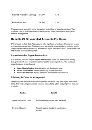 4k Limit BTC Enabled Cash App $4,000 $349
4k Limit Cash App $4,000 $149
These accounts come with higher transaction limits. Ideal for large transactions. They
provide access to direct deposits and Bitcoin trading. Great for business dealings and
financial management.
Benefits Of Btc-enabled Accounts For Users
BTC-enabled verified Cash App accounts offer significant advantages. Users enjoy secure
and seamless transactions. These accounts are suitable for personal and business needs.
They come with enhanced security features and higher transaction limits. This ensures safe
and efficient financial management.
Convenience For Crypto Transactions
BTC-enabled accounts simplify crypto transactions. Users can trade Bitcoin directly
through the Cash App. This eliminates the need for external platforms. The process is
streamlined and straightforward.
●​ Direct Bitcoin Trading: Users buy and sell Bitcoin with ease.
●​ Secure Transactions: Enhanced security for peace of mind.
●​ Accessible Features: Access additional features like direct deposits.
Efficiency In Financial Management
These accounts enhance financial management efficiency. They offer higher transaction
limits. This suits both personal and business transactions. Users enjoy improved trust and
credibility.
Feature Benefit
Higher Transaction Limits Facilitates larger transactions with ease.
Enhanced Security Protects against fraud and unauthorized
access.
 