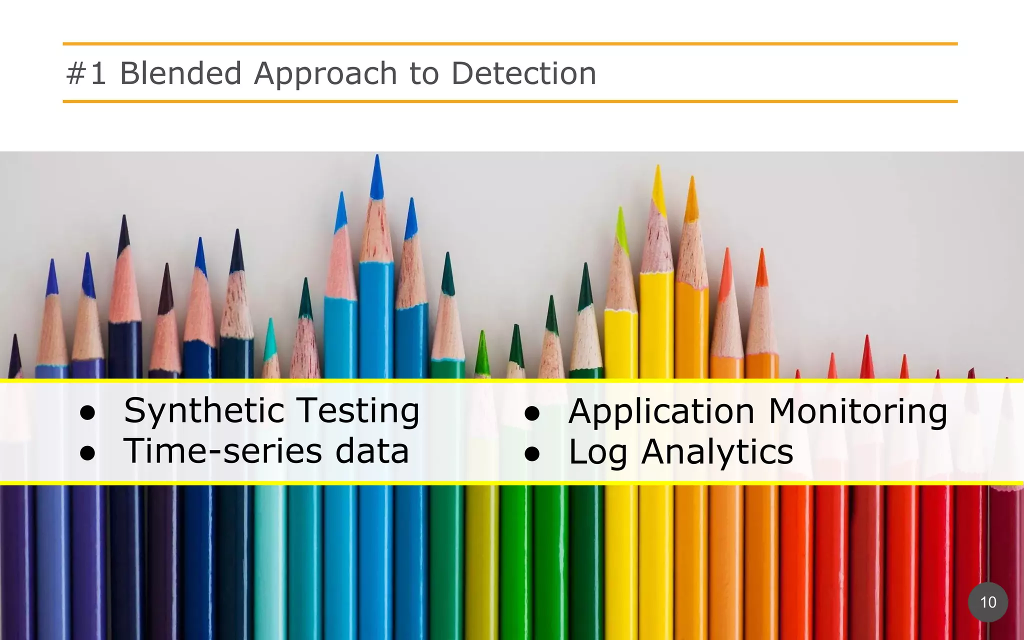 10
#1 Blended Approach to Detection
● Synthetic Testing
● Time-series data
● Application Monitoring
● Log Analytics
 