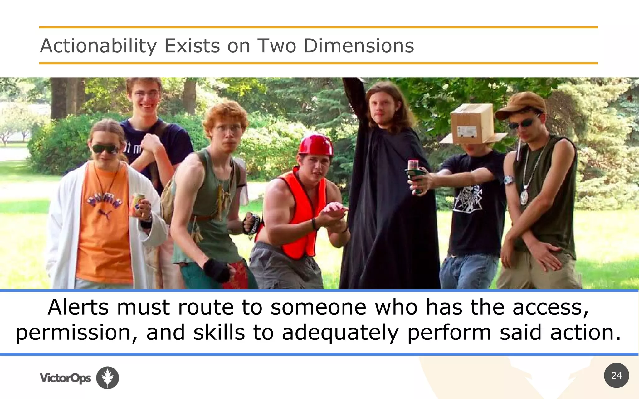 Alerts must route to someone who has the access,
permission, and skills to adequately perform said action.
24
Actionability Exists on Two Dimensions
 