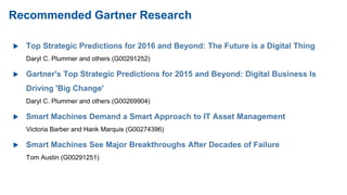  Top Strategic Predictions for 2016 and Beyond: The Future is a Digital Thing
Daryl C. Plummer and others (G00291252)
 G...