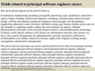 Fields related to principal software engineer career:
The above job description can be used for fields as:
Construction, manufacturing, healthcare, non profit, advertising, agile, architecture, automotive,
agency, budget, building, business development, consulting, communication, clinical research,
design, software development, product development, interior design, web development,
engineering, education, events, electrical, exhibition, energy, ngo, finance, fashion, green card, oil
gas, hospital, it, marketing, media, mining, nhs, non technical, oil and gas, offshore,
pharmaceutical, real estate, retail, research, human resources, telecommunications, technology,
technical, senior, digital, software, web, clinical, hr, infrastructure, business, erp, creative, ict,
hvac, sales, quality management, uk, implementation, network, operations, architectural,
environmental, crm, website, interactive, security, supply chain, logistics, training, project
management, administrative management…
The above interview questions also can be used for job title levels: entry level principal software
engineer, junior principal software engineer, senior principal software engineer, principal
software engineer assistant, principal software engineer associate, principal software engineer
administrator, principal software engineer clerk, principal software engineer coordinator,
principal software engineer consultant, principal software engineer controller, principal software
engineer director, principal software engineer engineer, principal software engineer executive,
principal software engineer leader, principal software engineer manager, principal software
engineer officer, principal software engineer specialist, principal software engineer supervisor,
VP principal software engineer…Useful materials: • topinterviewquestions.info/free-ebook-80-interview-questions-and-answers
• topinterviewquestions.info/free-ebook-top-18-secrets-to-win-every-job-interviews
 