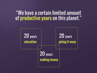 “We have a certain limited amount
of productive years on this planet.”
20 years
20 years
20 years
education
making money
giving it away
 