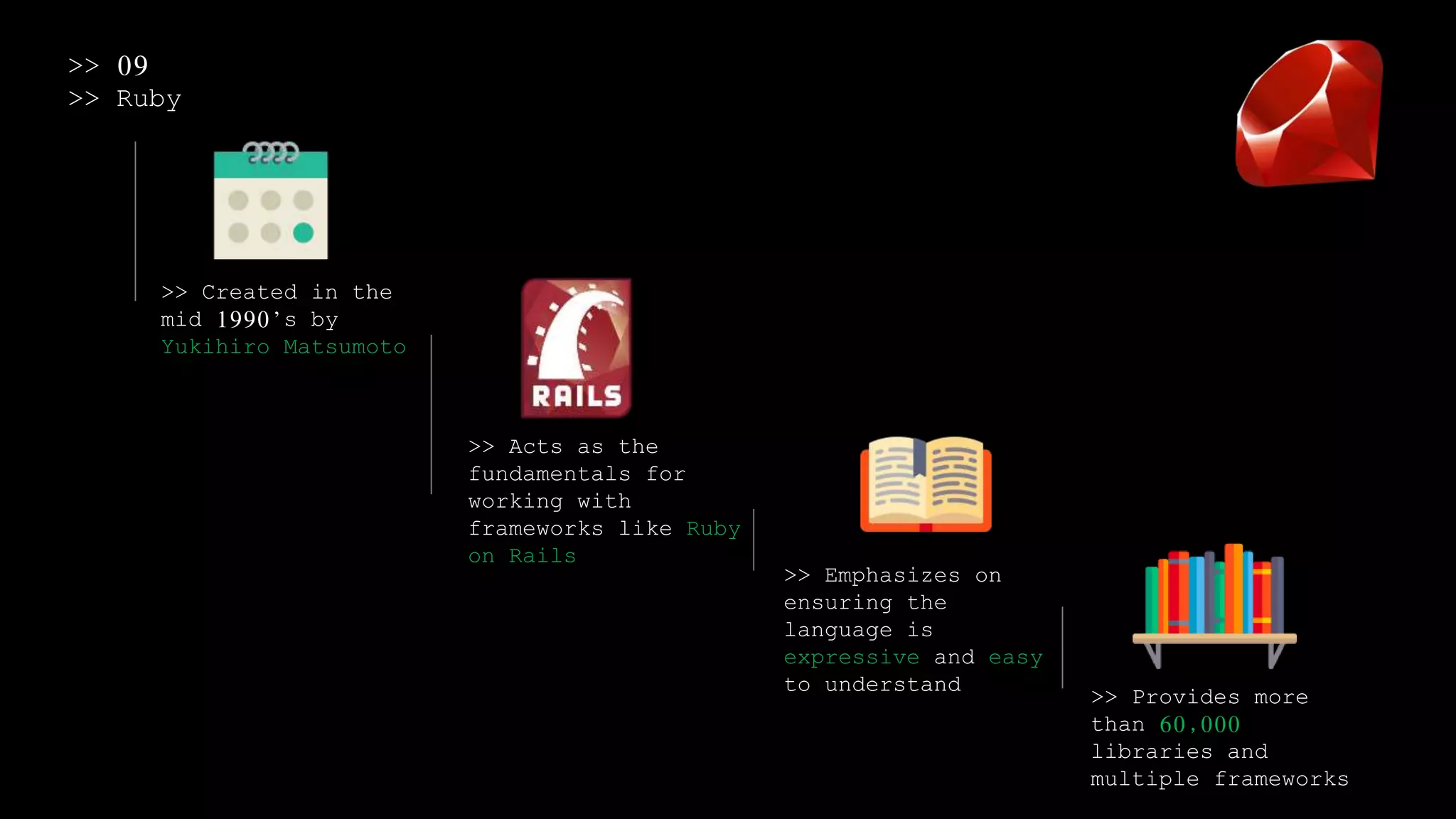 >> 09
>> Ruby
>> Created in the
mid 1990’s by
Yukihiro Matsumoto
>> Acts as the
fundamentals for
working with
frameworks like Ruby
on Rails
>> Emphasizes on
ensuring the
language is
expressive and easy
to understand
>> Provides more
than 60,000
libraries and
multiple frameworks
 