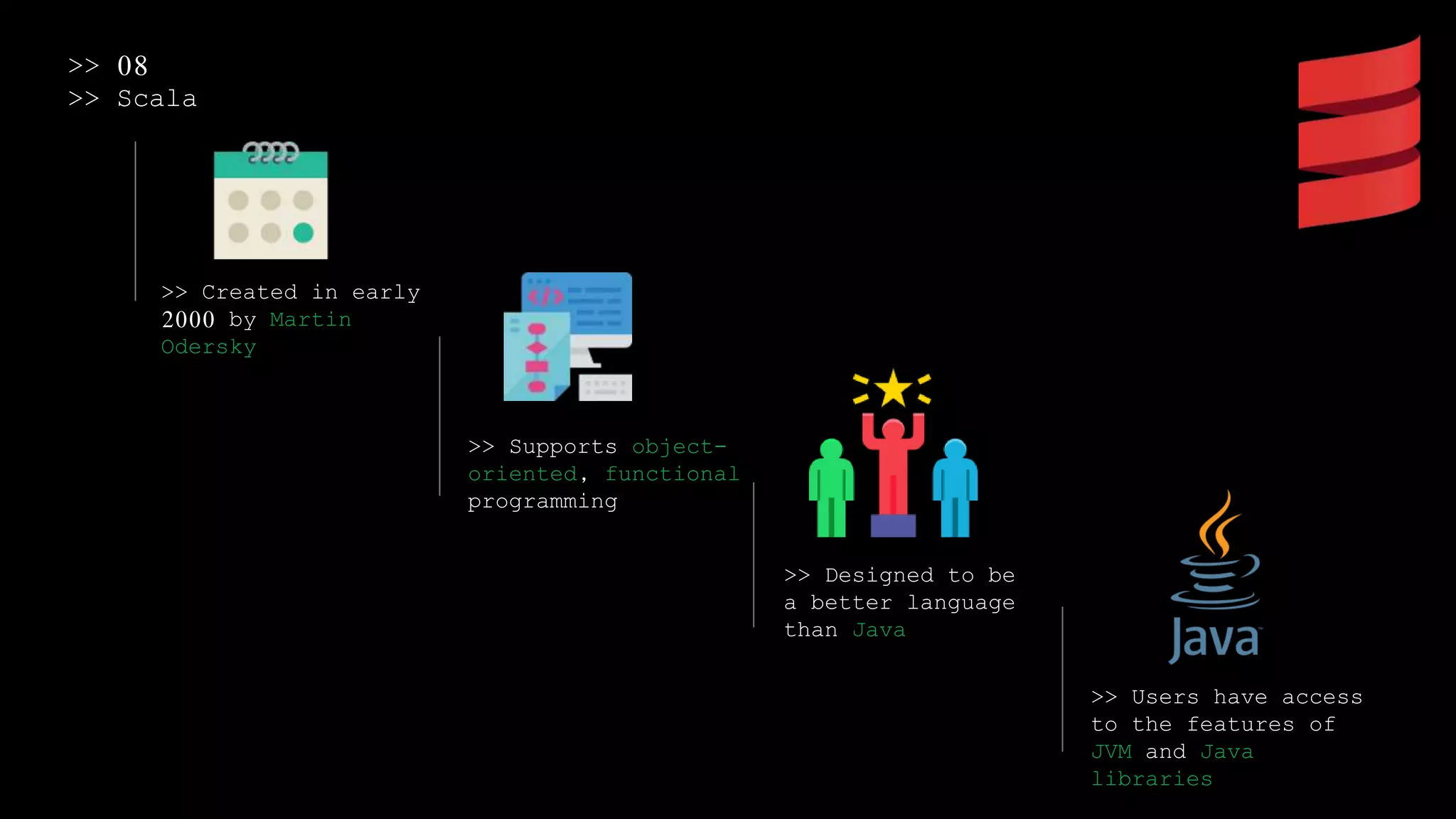>> 08
>> Scala
>> Created in early
2000 by Martin
Odersky
>> Supports object-
oriented, functional
programming
>> Designed to be
a better language
than Java
>> Users have access
to the features of
JVM and Java
libraries
 