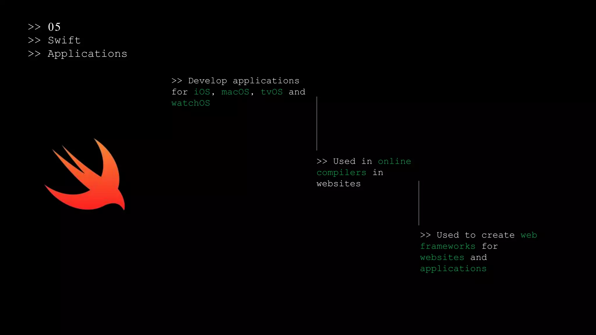 >> 05
>> Swift
>> Applications
>> Develop applications
for iOS, macOS, tvOS and
watchOS
>> Used in online
compilers in
websites
>> Used to create web
frameworks for
websites and
applications
 