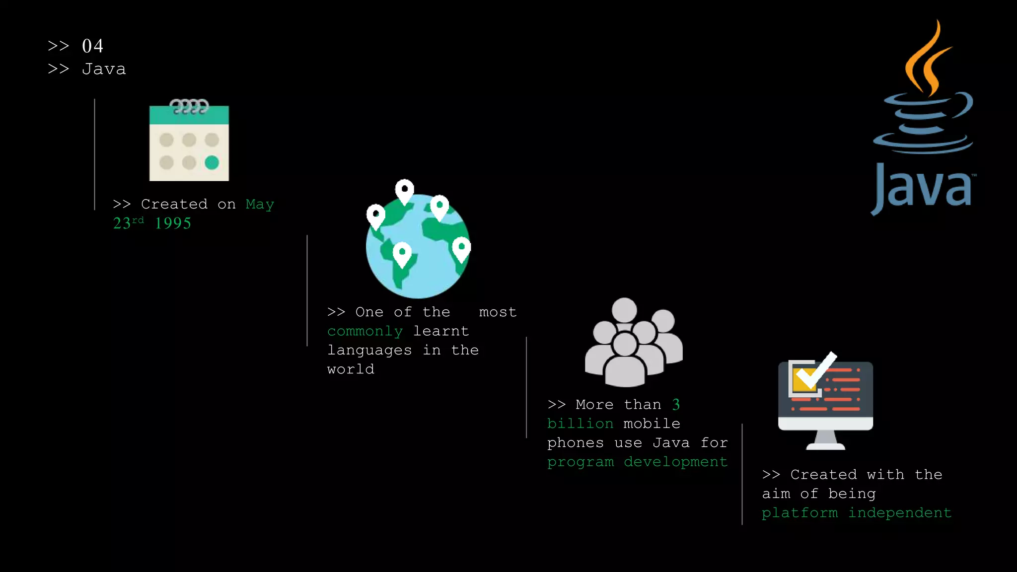 >> 04
>> Java
>> Created on May
23rd 1995
>> One of the most
commonly learnt
languages in the
world
>> More than 3
billion mobile
phones use Java for
program development
>> Created with the
aim of being
platform independent
 