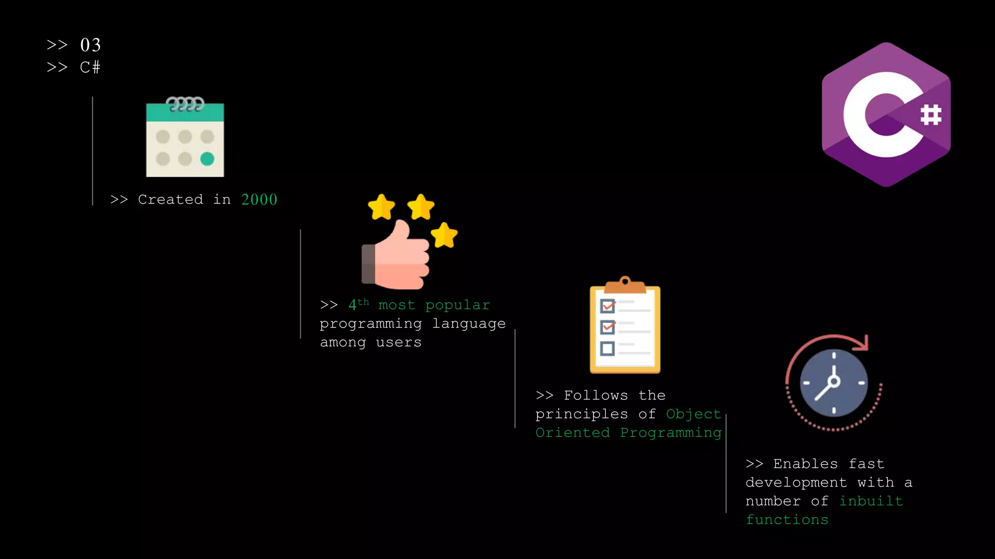 >> 03
>> C#
>> Created in 2000
>> 4th most popular
programming language
among users
>> Follows the
principles of Object
Oriented Programming
>> Enables fast
development with a
number of inbuilt
functions
 