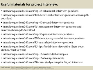 Useful materials for project interview:
• interviewquestions360.com/top-36-situational-interview-questions
• interviewquestions360.com/440-behavioral-interview-questions-ebook-pdf-
download
• interviewquestions360.com/top-40-second-interview-questions
• interviewquestions360.com/95-management-interview-questions-and-
answers-ebook-pdf-download
• interviewquestions360.com/top-30-phone-interview-questions
• interviewquestions360.com/290-competency-based-interview-questions
• interviewquestions360.com/45-internship-interview-questions
• interviewquestions360.com/15-tips-for-job-interview-attire (dress code,
clothes, what to wear)
• interviewquestions360.com/top-15-written-test-examples
• interviewquestions360.com/top-15-closing-statements
• interviewquestions360.com/20-case- study-examples for job interview
Useful materials: • interviewquestions360.com/free-ebook-80-interview-questions-and-answers
• interviewquestions360.com/free-ebook-top-18-secrets-to-win-every-job-interviews
 