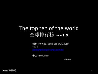 The top ten of the world 全球 排行 榜 top10 制作 : 李常生  Eddie Lee 9/28/2010 Taipei [email_address] 中文 : Bulrusher 手動翻頁 XuY/101006 