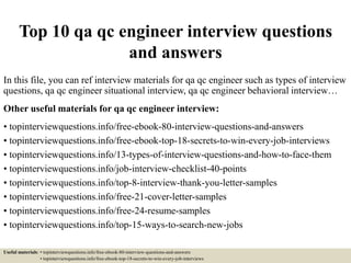 Top 10 qa qc engineer interview questions
and answers
In this file, you can ref interview materials for qa qc engineer such as types of interview
questions, qa qc engineer situational interview, qa qc engineer behavioral interview…
Other useful materials for qa qc engineer interview:
• topinterviewquestions.info/free-ebook-80-interview-questions-and-answers
• topinterviewquestions.info/free-ebook-top-18-secrets-to-win-every-job-interviews
• topinterviewquestions.info/13-types-of-interview-questions-and-how-to-face-them
• topinterviewquestions.info/job-interview-checklist-40-points
• topinterviewquestions.info/top-8-interview-thank-you-letter-samples
• topinterviewquestions.info/free-21-cover-letter-samples
• topinterviewquestions.info/free-24-resume-samples
• topinterviewquestions.info/top-15-ways-to-search-new-jobs
Useful materials: • topinterviewquestions.info/free-ebook-80-interview-questions-and-answers
• topinterviewquestions.info/free-ebook-top-18-secrets-to-win-every-job-interviews
 