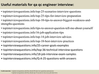 Useful materials for qa qc engineer interview:
• topinterviewquestions.info/top-25-scenarios-interview-questions
• topinterviewquestions.info/top-25-tips-for-interview-preparation
• topinterviewquestions.info/top-10-tips-to-answer-biggest-weakness-and-
strengths-questions
• topinterviewquestions.info/tips-to-answer-question-tell-me-about-yourself
• topinterviewquestions.info/16-job-application-tips
• topinterviewquestions.info/top-14-job-interview-advices
• topinterviewquestions.info/top-18-best-interview-practices
• topinterviewquestions.info/25-career-goals-examples
• topinterviewquestions.info/top-36-technical-interview-questions
• topinterviewquestions.info/18-job-interview-exam-samples
• topinterviewquestions.info/Q-A-25-questions-with-answers
Useful materials: • topinterviewquestions.info/free-ebook-80-interview-questions-and-answers
• topinterviewquestions.info/free-ebook-top-18-secrets-to-win-every-job-interviews
 
