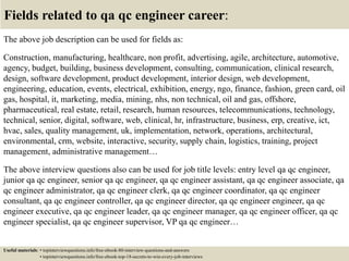 Fields related to qa qc engineer career:
The above job description can be used for fields as:
Construction, manufacturing, healthcare, non profit, advertising, agile, architecture, automotive,
agency, budget, building, business development, consulting, communication, clinical research,
design, software development, product development, interior design, web development,
engineering, education, events, electrical, exhibition, energy, ngo, finance, fashion, green card, oil
gas, hospital, it, marketing, media, mining, nhs, non technical, oil and gas, offshore,
pharmaceutical, real estate, retail, research, human resources, telecommunications, technology,
technical, senior, digital, software, web, clinical, hr, infrastructure, business, erp, creative, ict,
hvac, sales, quality management, uk, implementation, network, operations, architectural,
environmental, crm, website, interactive, security, supply chain, logistics, training, project
management, administrative management…
The above interview questions also can be used for job title levels: entry level qa qc engineer,
junior qa qc engineer, senior qa qc engineer, qa qc engineer assistant, qa qc engineer associate, qa
qc engineer administrator, qa qc engineer clerk, qa qc engineer coordinator, qa qc engineer
consultant, qa qc engineer controller, qa qc engineer director, qa qc engineer engineer, qa qc
engineer executive, qa qc engineer leader, qa qc engineer manager, qa qc engineer officer, qa qc
engineer specialist, qa qc engineer supervisor, VP qa qc engineer…
Useful materials: • topinterviewquestions.info/free-ebook-80-interview-questions-and-answers
• topinterviewquestions.info/free-ebook-top-18-secrets-to-win-every-job-interviews
 