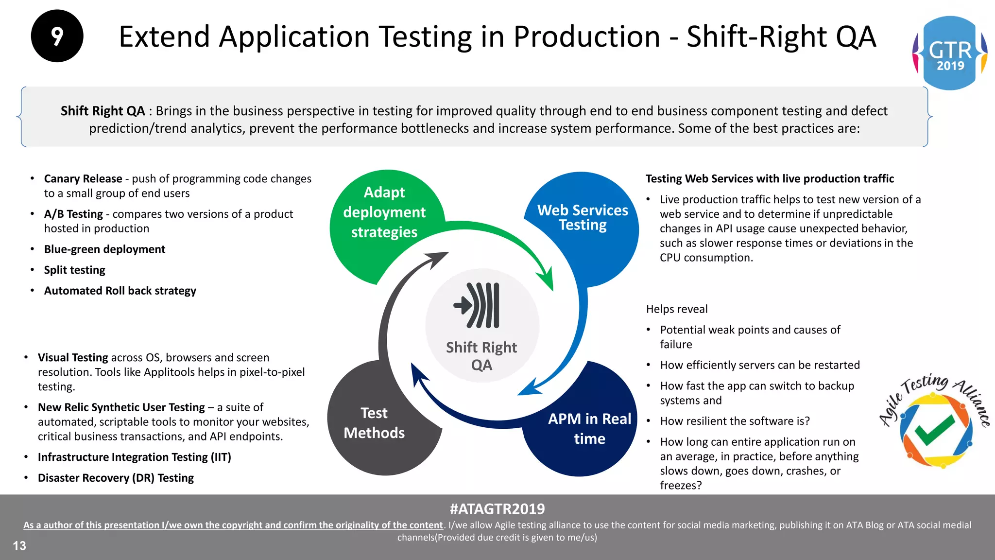 #ATAGTR2019
As a author of this presentation I/we own the copyright and confirm the originality of the content. I/we allow Agile testing alliance to use the content for social media marketing, publishing it on ATA Blog or ATA social medial
channels(Provided due credit is given to me/us)
13
Extend Application Testing in Production - Shift-Right QA
• Canary Release - push of programming code changes
to a small group of end users
• A/B Testing - compares two versions of a product
hosted in production
• Blue-green deployment
• Split testing
• Automated Roll back strategy
• Visual Testing across OS, browsers and screen
resolution. Tools like Applitools helps in pixel-to-pixel
testing.
• New Relic Synthetic User Testing – a suite of
automated, scriptable tools to monitor your websites,
critical business transactions, and API endpoints.
• Infrastructure Integration Testing (IIT)
• Disaster Recovery (DR) Testing
Testing Web Services with live production traffic
• Live production traffic helps to test new version of a
web service and to determine if unpredictable
changes in API usage cause unexpected behavior,
such as slower response times or deviations in the
CPU consumption.
Helps reveal
• Potential weak points and causes of
failure
• How efficiently servers can be restarted
• How fast the app can switch to backup
systems and
• How resilient the software is?
• How long can entire application run on
an average, in practice, before anything
slows down, goes down, crashes, or
freezes?
Adapt
deployment
strategies
Web Services
Testing
Test
Methods
APM in Real
time
Shift Right
QA
Shift Right QA : Brings in the business perspective in testing for improved quality through end to end business component testing and defect
prediction/trend analytics, prevent the performance bottlenecks and increase system performance. Some of the best practices are:
9
 