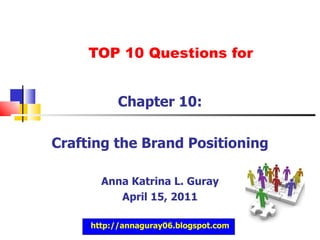TOP 10 Questions for Chapter 10: Crafting the Brand Positioning Anna Katrina L. Guray April 15, 2011 http://annaguray06.blogspot.com 
