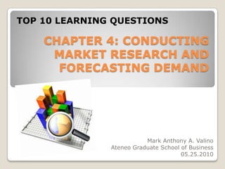 TOP 10 LEARNING QUESTIONS CHAPTER 4: CONDUCTING MARKET RESEARCH AND FORECASTING DEMAND Mark Anthony A. Valino Ateneo Graduate School of Business 05.25.2010 