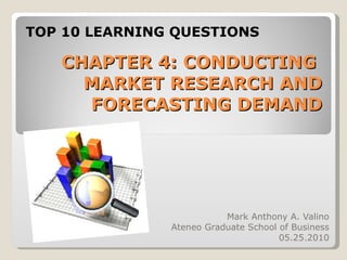 CHAPTER 4: CONDUCTING  MARKET RESEARCH AND FORECASTING DEMAND Mark Anthony A. Valino Ateneo Graduate School of Business 05.25.2010 TOP 10 LEARNING QUESTIONS 