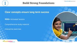 Clear concepts ensure long term success
9000+ Animated lessons
Comprehensive study material
Interactive exercises
© 2014 meritnation.com
Build Strong Foundations1
 