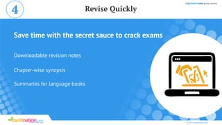 Save time with the secret sauce to crack exams
Downloadable revision notes
Chapter-wise synopsis
Summaries for language books
© 2014 meritnation.com
Revise Quickly4
 