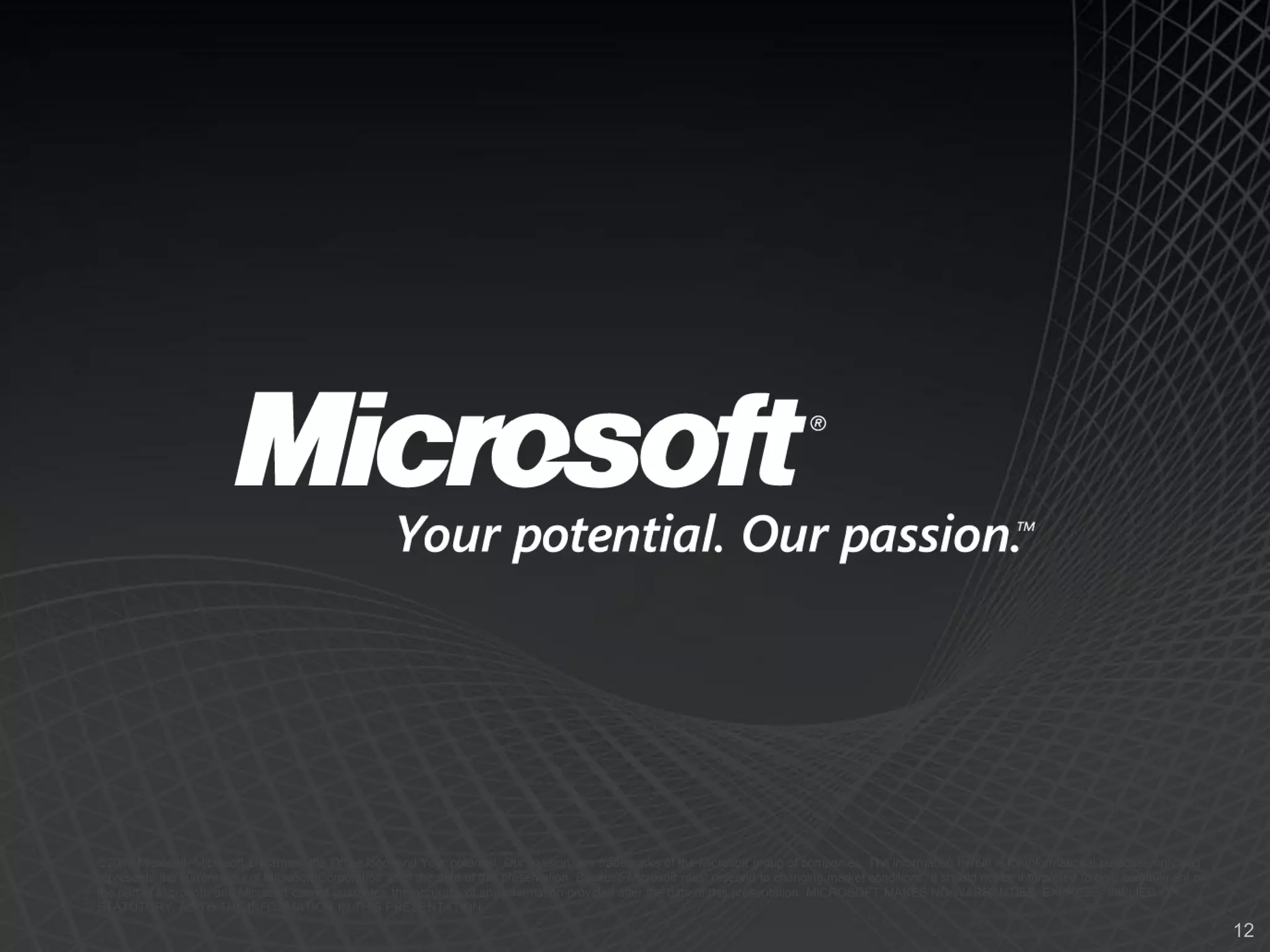 ©2009 Microsoft, Microsoft Dynamics, the Office logo, and Your potential. Our passion. are trademarks of the Microsoft group of companies. The information herein is for informational purposes only and
represents the current view of Microsoft Corporation as of the date of this presentation. Because Microsoft must respond to changing market conditions, it should not be interpreted to be a commitment on
the part of Microsoft, and Microsoft cannot guarantee the accuracy of any information provided after the date of this presentation. MICROSOFT MAKES NO WARRANTIES, EXPRESS, IMPLIED OR
STATUTORY, AS TO THE INFORMATION IN THIS PRESENTATION.

                                                                                                                                                                                                             12
 