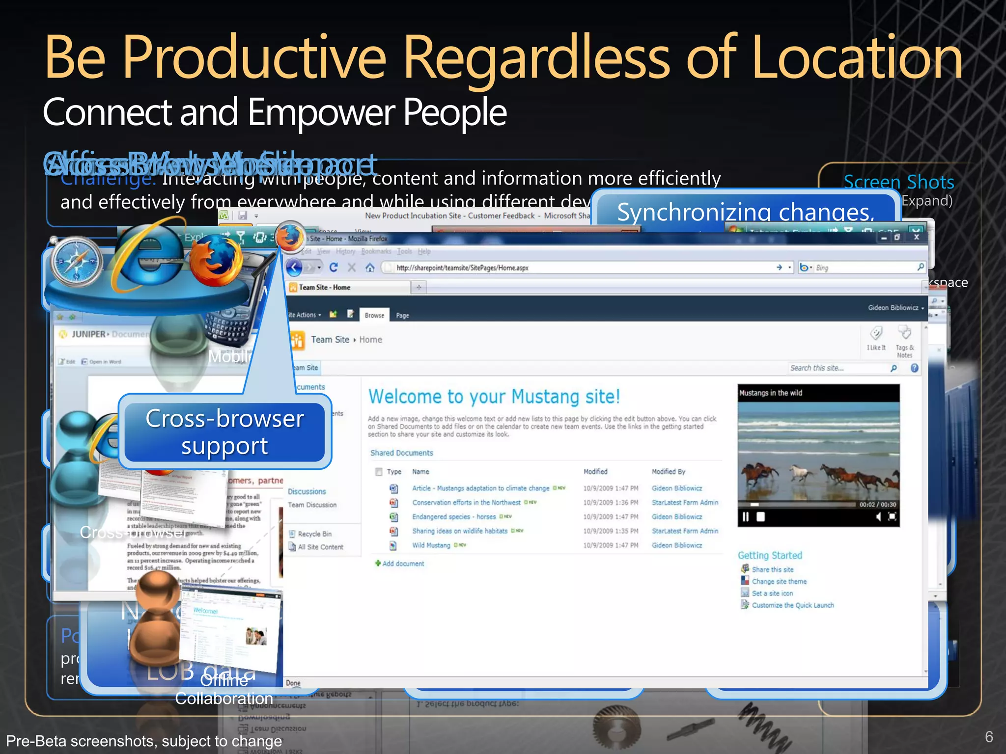 Connect and Empower People
     Cross Web Mobile
     Office Browser Supportcontent and information more efficiently
     SharePoint Workspace
     Access Anywhere people,
                       Apps
      Challenge: Interacting with                                                                                   Screen Shots
       and effectively from everywhere and while using different devices                                            (Click to Expand)


       New capabilities:
           Rich and seamless integration between SharePoint 2010 and Office 2010 drives more effective           SharePoint Workspace
           and in-context collaboration while keeping the user within a consistent and familiar Ribbon UI
           SharePoint Workspace 2010 enables site content to be taken offline and efficiently synchronized
                                                                               Team Site
           back (updates only), including custom lists, line-of-business data and InfoPath-based data entry
                          Mobile
                                                                                                                    SharePoint Mobile
           SharePoint Mobile 2010 includes significant enhancements to the viewing experience of
           SharePoint UI artifacts (Web Parts), the viewing and editing of Office content and support of
           multiple mobile OSs                                                                       042 440 5280
           Firefox and Safari Web browsers are now supported and mobile users can view, edit and add
                                                                                                                 Cross Browser Support
           new content broadening the usability platform and improving the access from anywhere
           experience
           Office Web Applications supplement the Office desktop clients so that content can be created,
           viewed and modified using the Web browser and mobile phone, increasing flexibility and
          Cross-browser                                                                                       New Customer apps
                                                                                                                   Office web
           broadening reach

                                                                                                                      Scenario

       Potential savings/efficiency gains: Time saved by enabling information workers to be
       productive during a higher percentage of their work time, in addition to a competitive gain of
       removing hurdles to meeting deadline and delivering value more quickly
                         Offline
                      Collaboration

Pre-Beta screenshots, subject to change                                                                                                  6
 