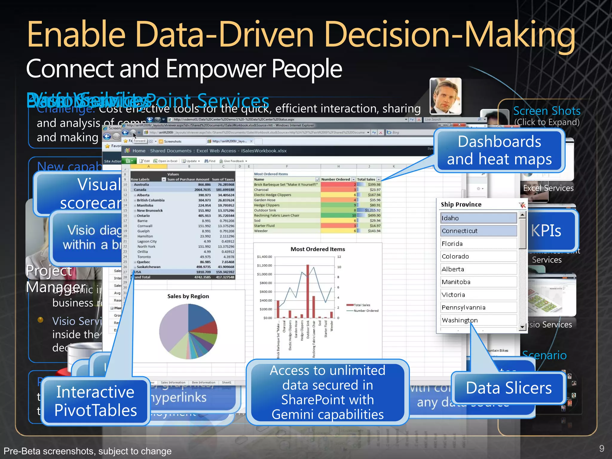Connect and Empower People
     Data VisibilityPoint Services efficient interaction, sharing
     Visio Services
     Excel Services tools for the quick,
     Performance
      Challenge: Cost effective                                                                         Screen Shots
       and analysis of complex business data are critical for drawing insights                          (Click to Expand)
       and making good business decisions
                                          Team Site                                        Sales Team
       New capabilities:
           Excel Web Application allows users to create, view and modify content via                      Excel Services
           the Web browser – increasing flexibility, broadening reach and making
                                              Sales Team
           information sharing more efficient Performance
           Chart Web parts provide a wizard-driven interface to simplify the creation of
           charts – increasing adoption and enabling everyone to convey the right                       PerformancePoint
           information graphically                                                                           Services
     Project
         PerformancePoint Services simplify dashboard creation and provide
     Manager interaction with business data – easing the task of driving KPIs and
         dynamic
           business results                                                                  Senior
           Visio Services displays complex data sets and business models visually          Management
                                                                                                          Visio Services
           inside the Web browser – exposing data in way that facilitates better
           decision-making
                                                                                                          Scenario

       Potential savings/efficiency gains: Time saved while analyzing data in-
            Enterprise Data
       tandem with the productivity gains from driving business effectiveness
       through KPIs, Dashboards and data-driven decision-making


Pre-Beta screenshots, subject to change                                                                                     9
 
