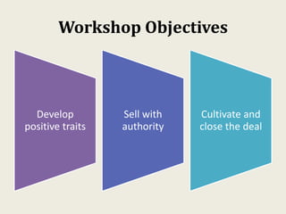 Workshop Objectives
Develop
positive traits
Sell with
authority
Cultivate and
close the deal
 