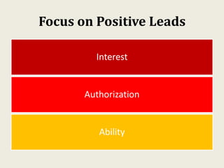 Focus on Positive Leads
Interest
Authorization
Ability
 