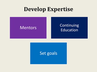 Develop Expertise
Mentors
Continuing
Education
Set goals
 