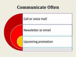Communicate Often
Call or voice mail
Newsletter or email
Upcoming promotion
 