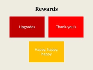 Rewards
Upgrades Thank-you’s
Happy, happy,
happy
 