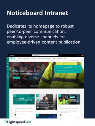 Noticeboard Intranet
Dedicates its homepage to robust
peer-to-peer communication,
enabling diverse channels for
employee-driven content publication.
 