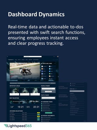 Dashboard Dynamics
Real-time data and actionable to-dos
presented with swift search functions,
ensuring employees instant access
and clear progress tracking.
 