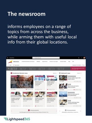 The newsroom
informs employees on a range of
topics from across the business,
while arming them with useful local
info from their global locations.
 