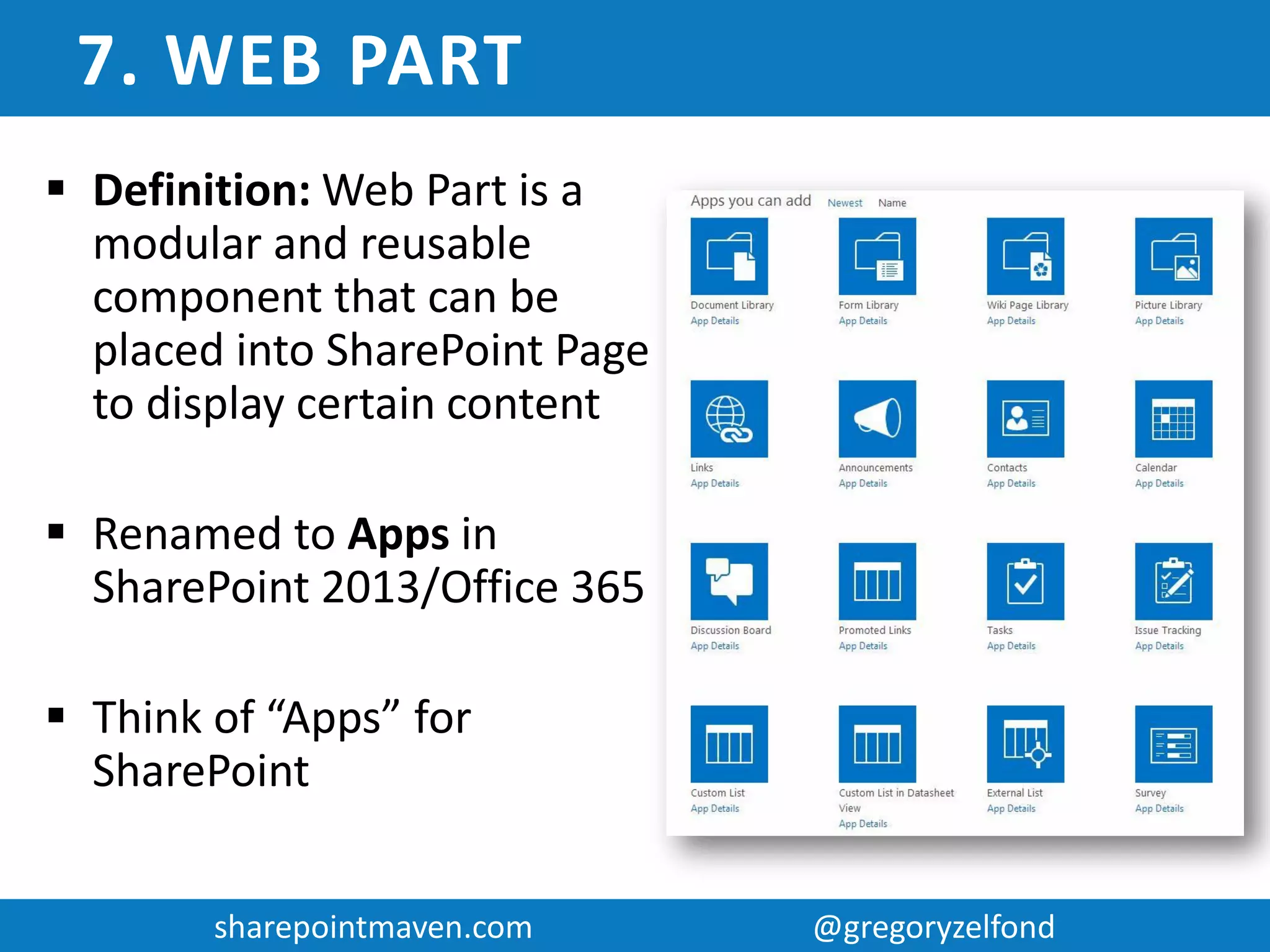 sharepointmaven.com @gregoryzelfondsharepointmaven.com @gregoryzelfond
5. OOTB
 OOTB = Out of the Box
 Definition: Features or
functionality available to
the end users of SharePoint
that work without any
customization or costly
programming
 