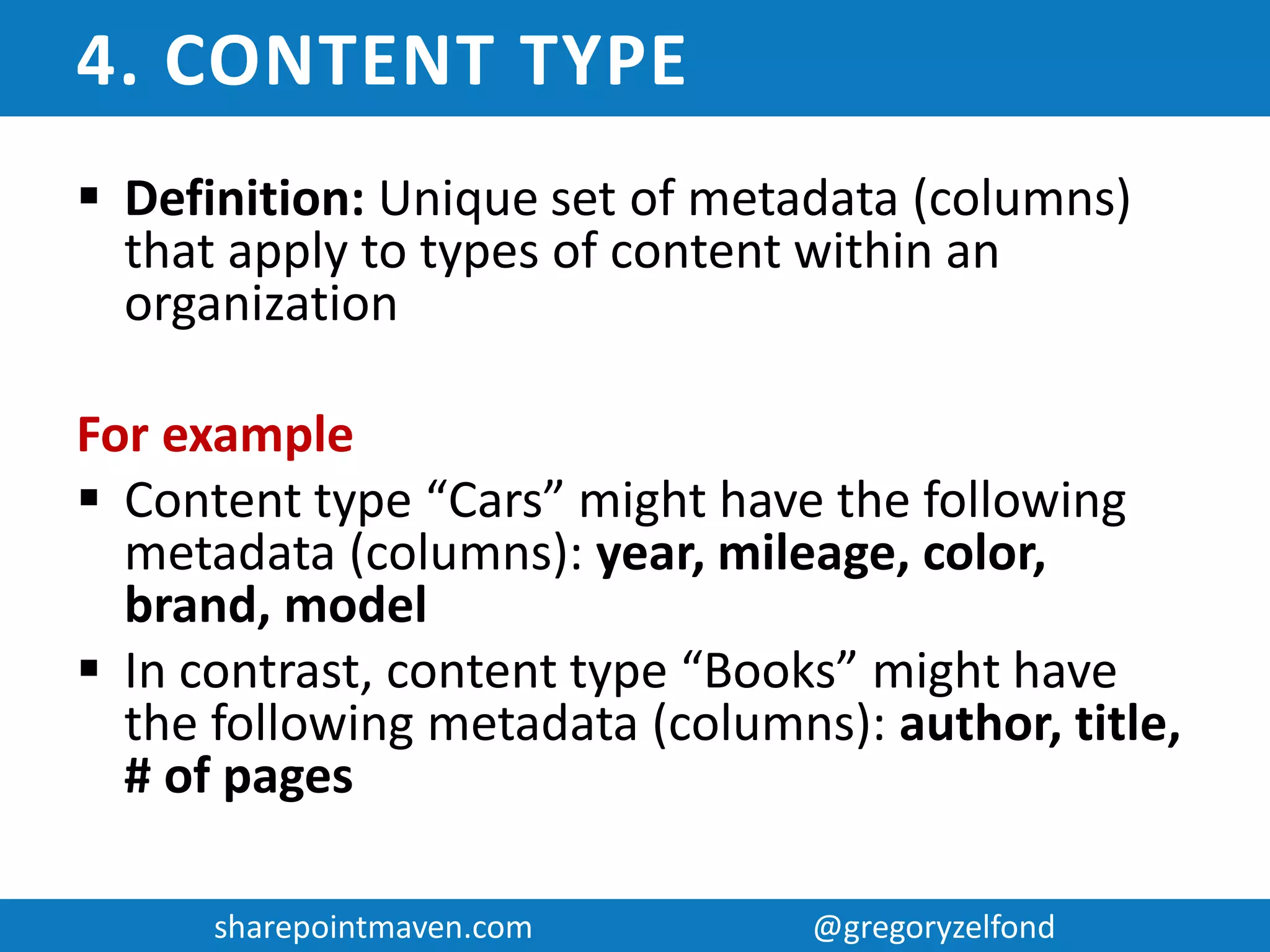 sharepointmaven.com @gregoryzelfondsharepointmaven.com @gregoryzelfond
3. METADATA
 Definition: Metadata is data that
describes additional information about a
file or a document
 Data in Columns = Metadata
 