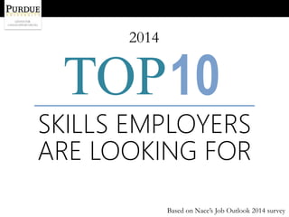2014 
TOP10 
SKILLS EMPLOYERS 
ARE LOOKING FOR 
Based on Nace’s Job Outlook 2014 survey 
 