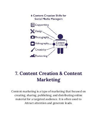  
 
 
7. Content Creation & Content 
Marketing 
 
Content marketing is a type of marketing that focused on 
creating, sharing, publishing, and distributing online 
material for a targeted audience. It is often used to 
Attract attention and generate leads. 
 
 