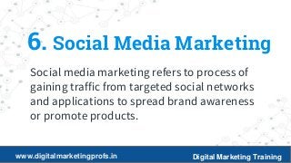 14
6. Social Media Marketing
Social media marketing refers to process of
gaining traffic from targeted social networks
and applications to spread brand awareness
or promote products.
www.digitalmarketingprofs.in Digital Marketing Training
 