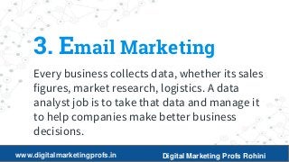8
3. Email Marketing
Every business collects data, whether its sales
figures, market research, logistics. A data
analyst job is to take that data and manage it
to help companies make better business
decisions.
www.digitalmarketingprofs.in Digital Marketing Profs Rohini
 