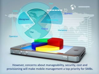 However, concerns about manageability, security, cost and
provisioning will make mobile management a top priority for SMBs.
 