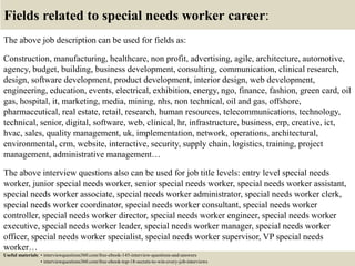 Fields related to special needs worker career:
The above job description can be used for fields as:
Construction, manufacturing, healthcare, non profit, advertising, agile, architecture, automotive,
agency, budget, building, business development, consulting, communication, clinical research,
design, software development, product development, interior design, web development,
engineering, education, events, electrical, exhibition, energy, ngo, finance, fashion, green card, oil
gas, hospital, it, marketing, media, mining, nhs, non technical, oil and gas, offshore,
pharmaceutical, real estate, retail, research, human resources, telecommunications, technology,
technical, senior, digital, software, web, clinical, hr, infrastructure, business, erp, creative, ict,
hvac, sales, quality management, uk, implementation, network, operations, architectural,
environmental, crm, website, interactive, security, supply chain, logistics, training, project
management, administrative management…
The above interview questions also can be used for job title levels: entry level special needs
worker, junior special needs worker, senior special needs worker, special needs worker assistant,
special needs worker associate, special needs worker administrator, special needs worker clerk,
special needs worker coordinator, special needs worker consultant, special needs worker
controller, special needs worker director, special needs worker engineer, special needs worker
executive, special needs worker leader, special needs worker manager, special needs worker
officer, special needs worker specialist, special needs worker supervisor, VP special needs
worker…
Useful materials: • interviewquestions360.com/free-ebook-145-interview-questions-and-answers
• interviewquestions360.com/free-ebook-top-18-secrets-to-win-every-job-interviews
 